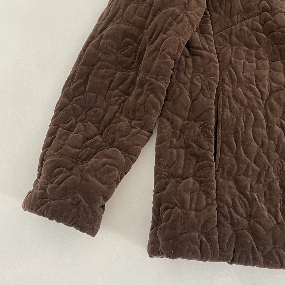 VTG Quilted Womens Quilted Velvet Jacket XL Chocolate Brown Lined Embroidered - Picture 6 of 12